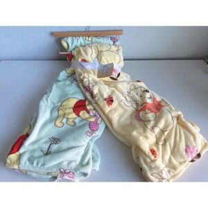 Set Of 2 Winnie The Pooh & Piglet Yellow Green Pastel Plush Throw Blankets 60x70